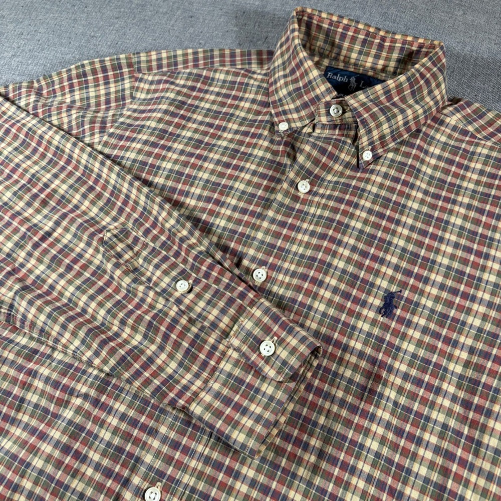 Ralph Lauren Button Down Shirt Men M Tan Plaid Classic Fit Long Sleeve Pony Logo